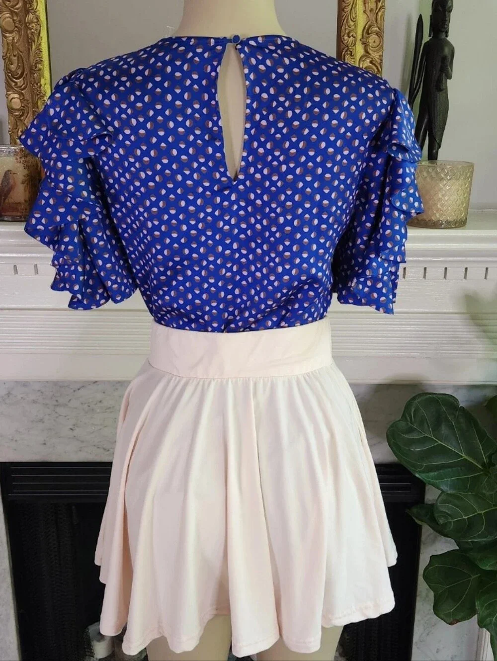 Kate Spade Blue Blouse Geo Dot Ruffle Sleeve  Corpcore Office Size XS Romantic